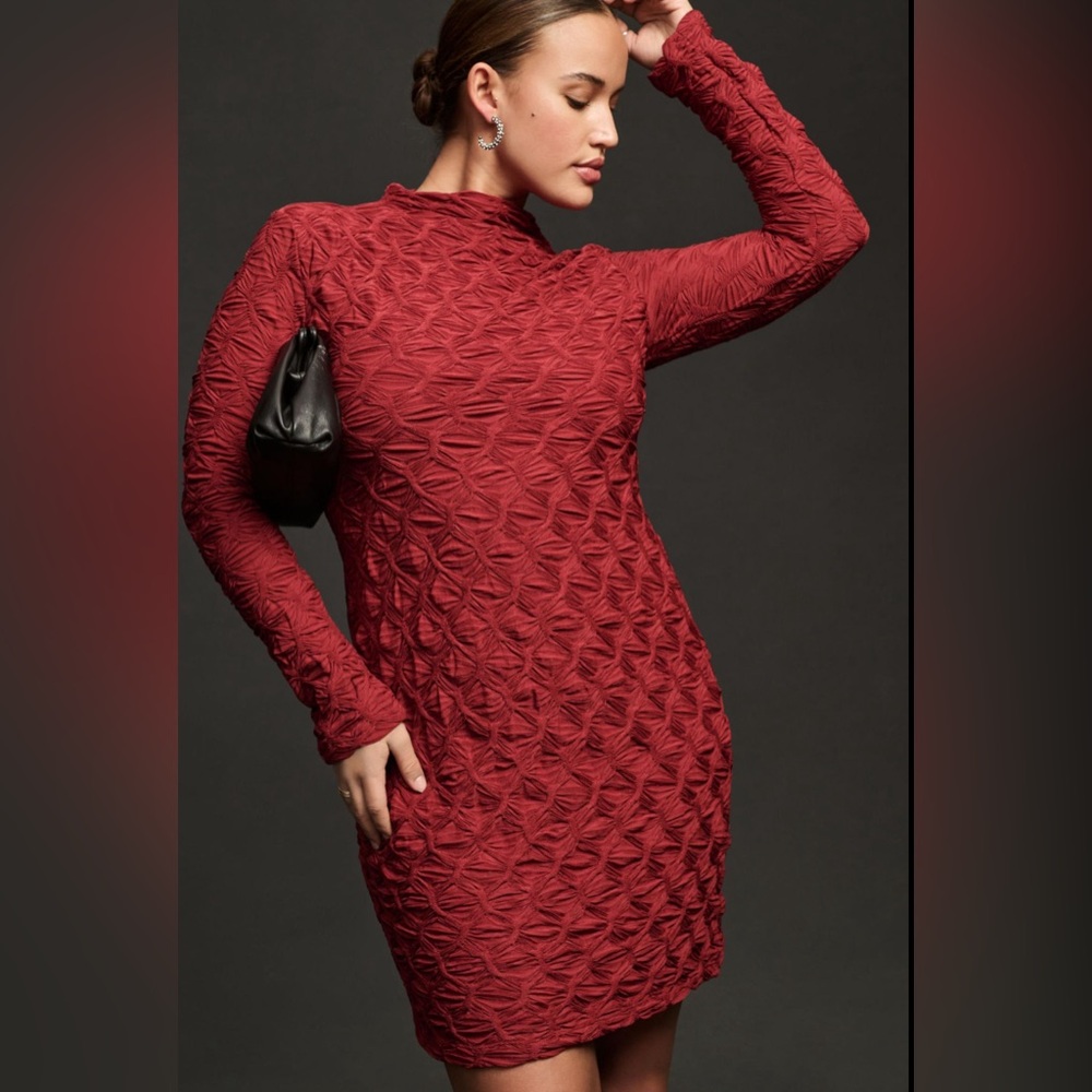 Anthropologie Maeve Burgundy Long-Sleeve Scrunch Textured Mini Dress Size Large